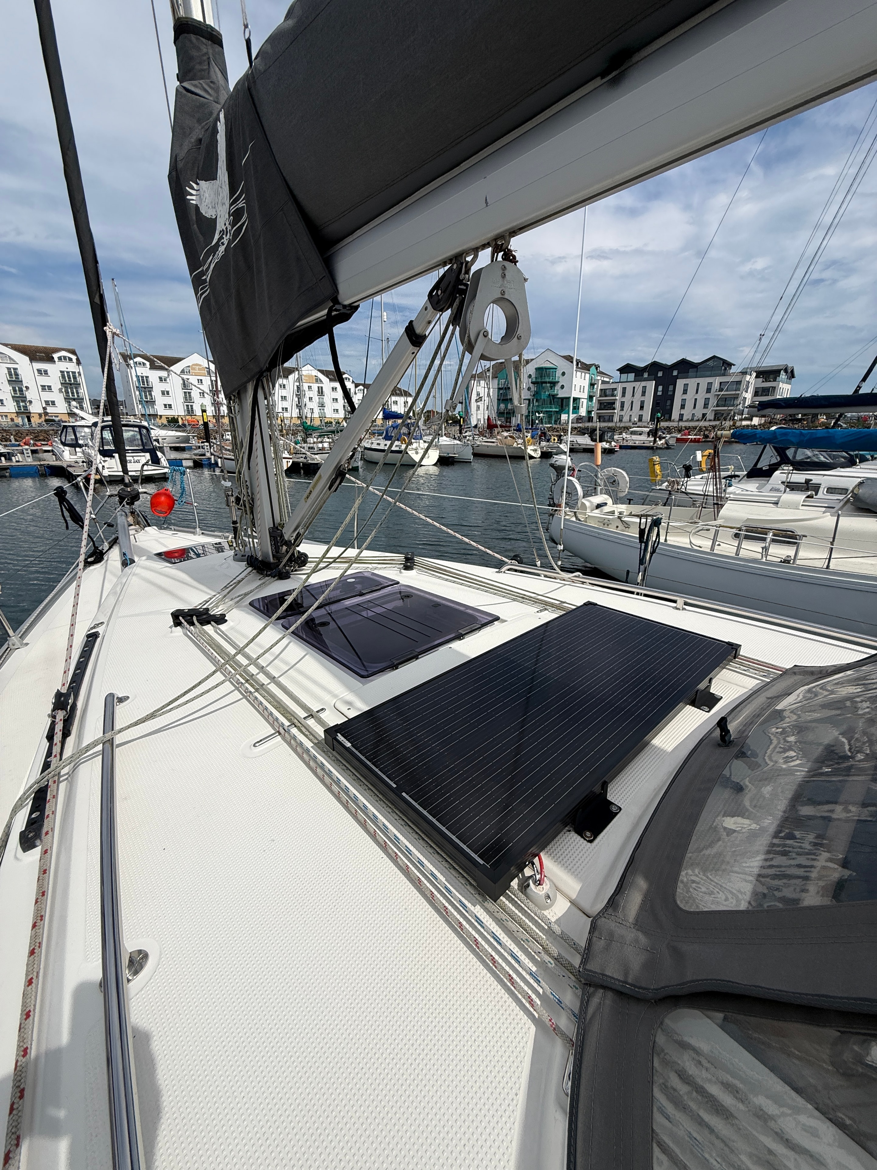 Boom brake and solar panel on coachroof