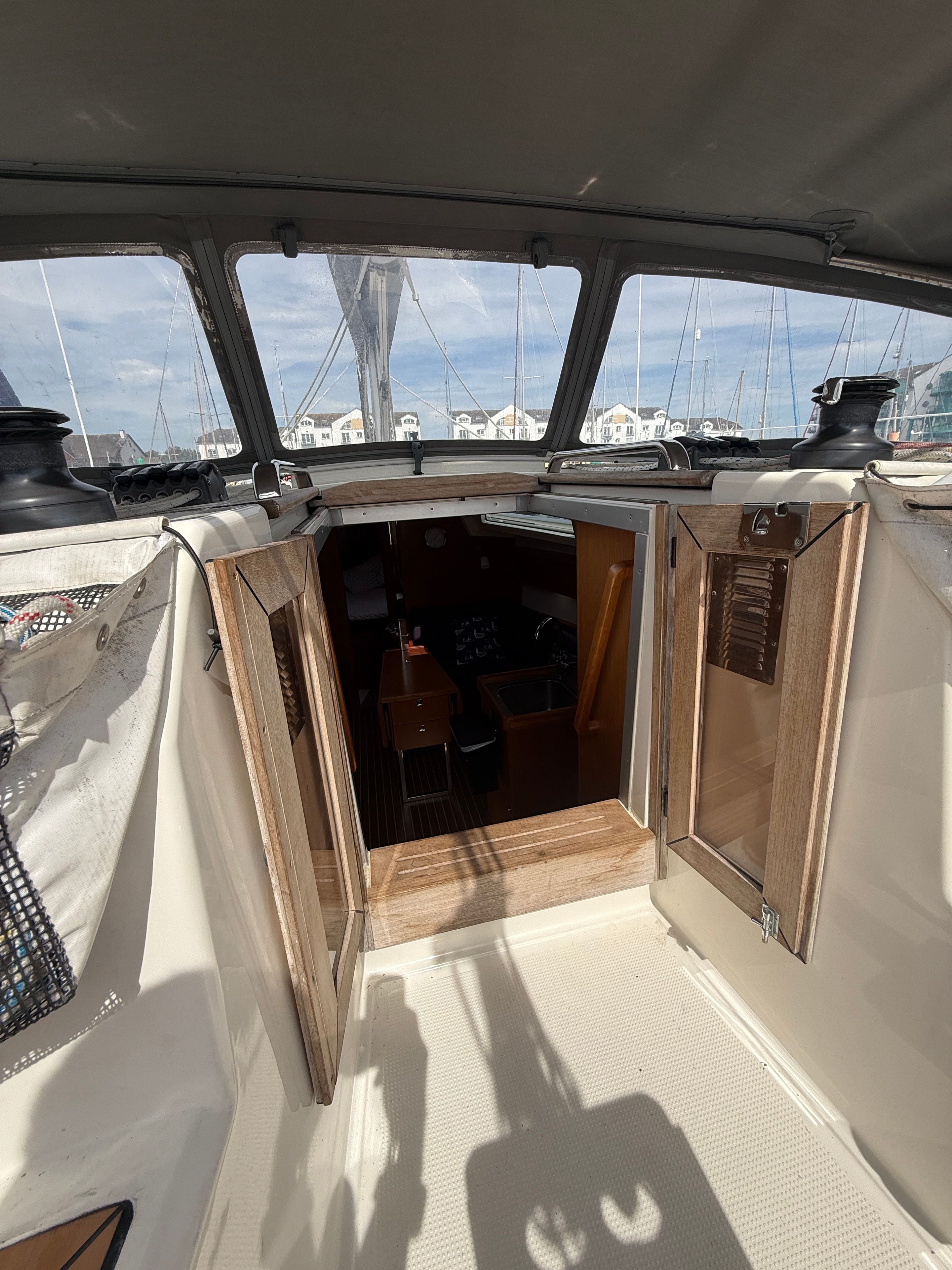 Cockpit doors open — companionway view
