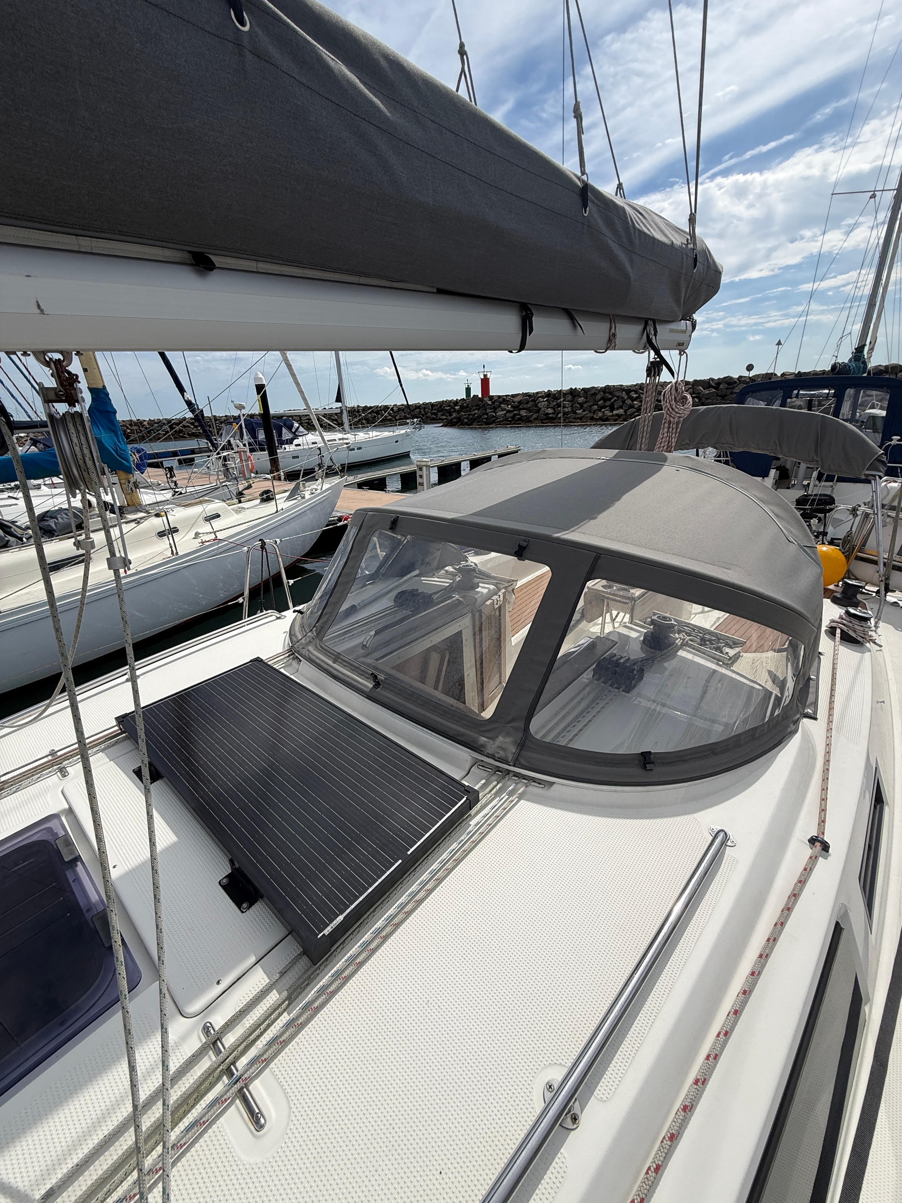 Sprayhood from deck level — solar panel alongside