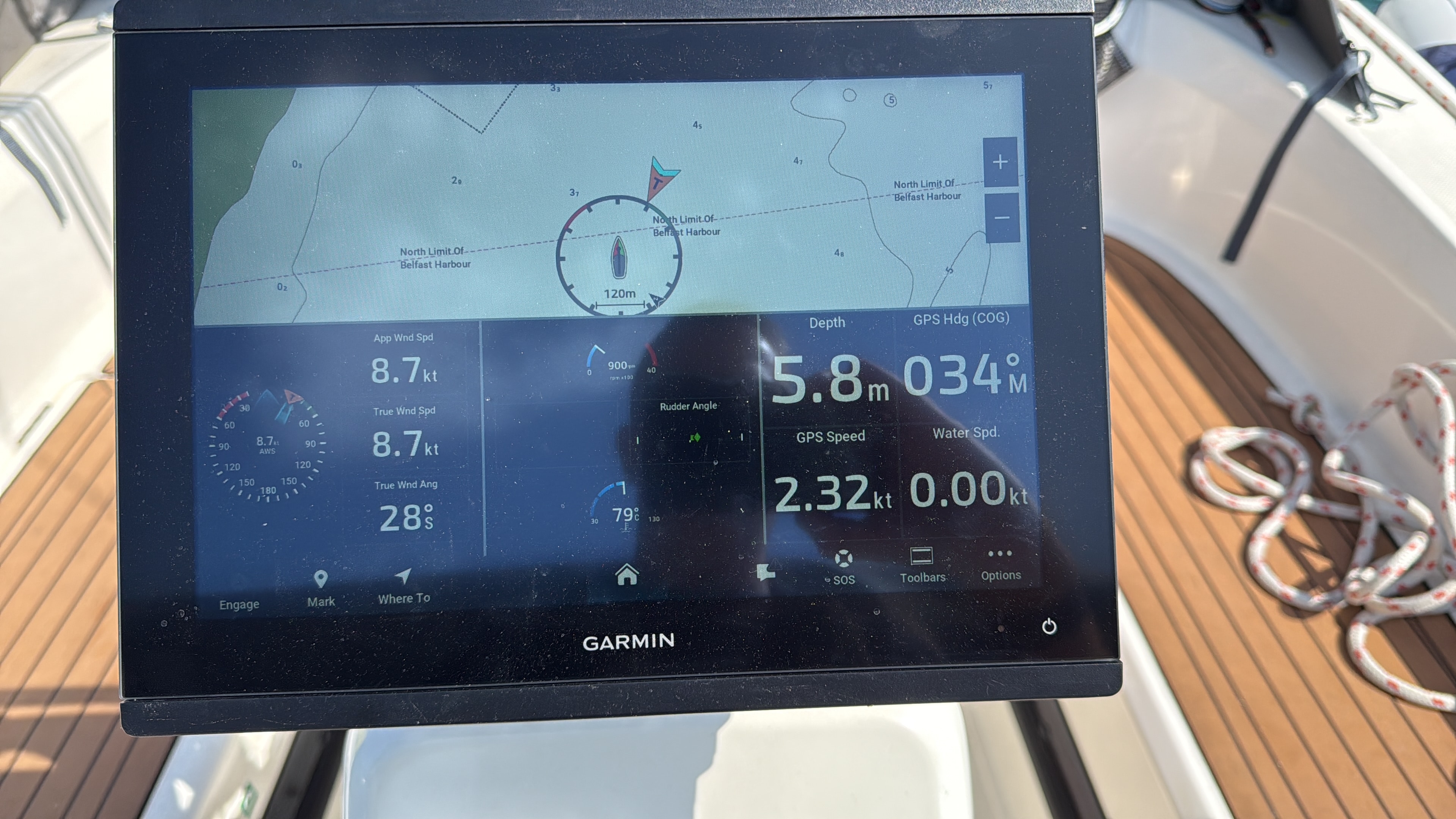 Garmin chartplotter — wind, depth and GPS instruments live