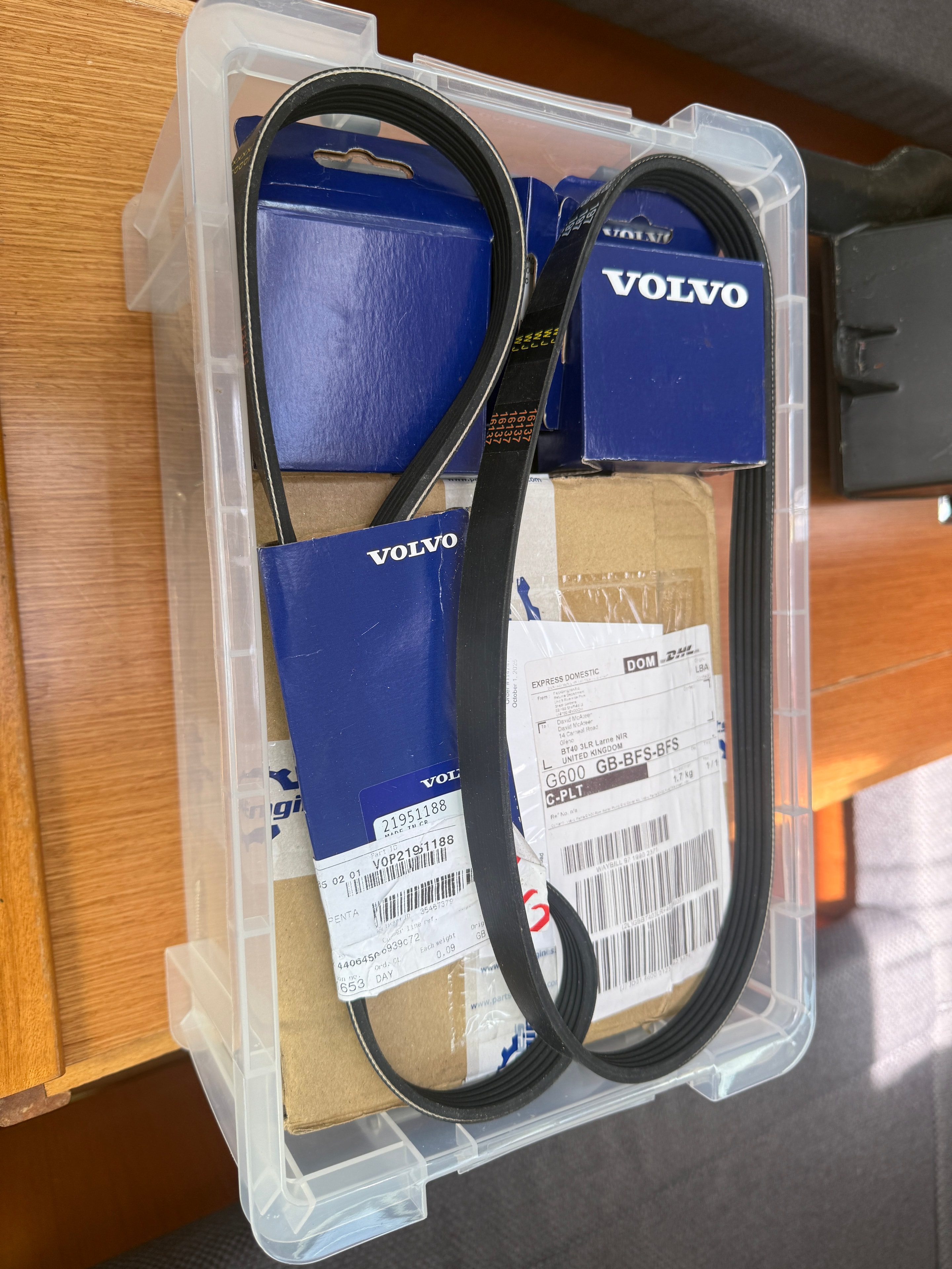 Genuine Volvo Penta spare belts in original packaging