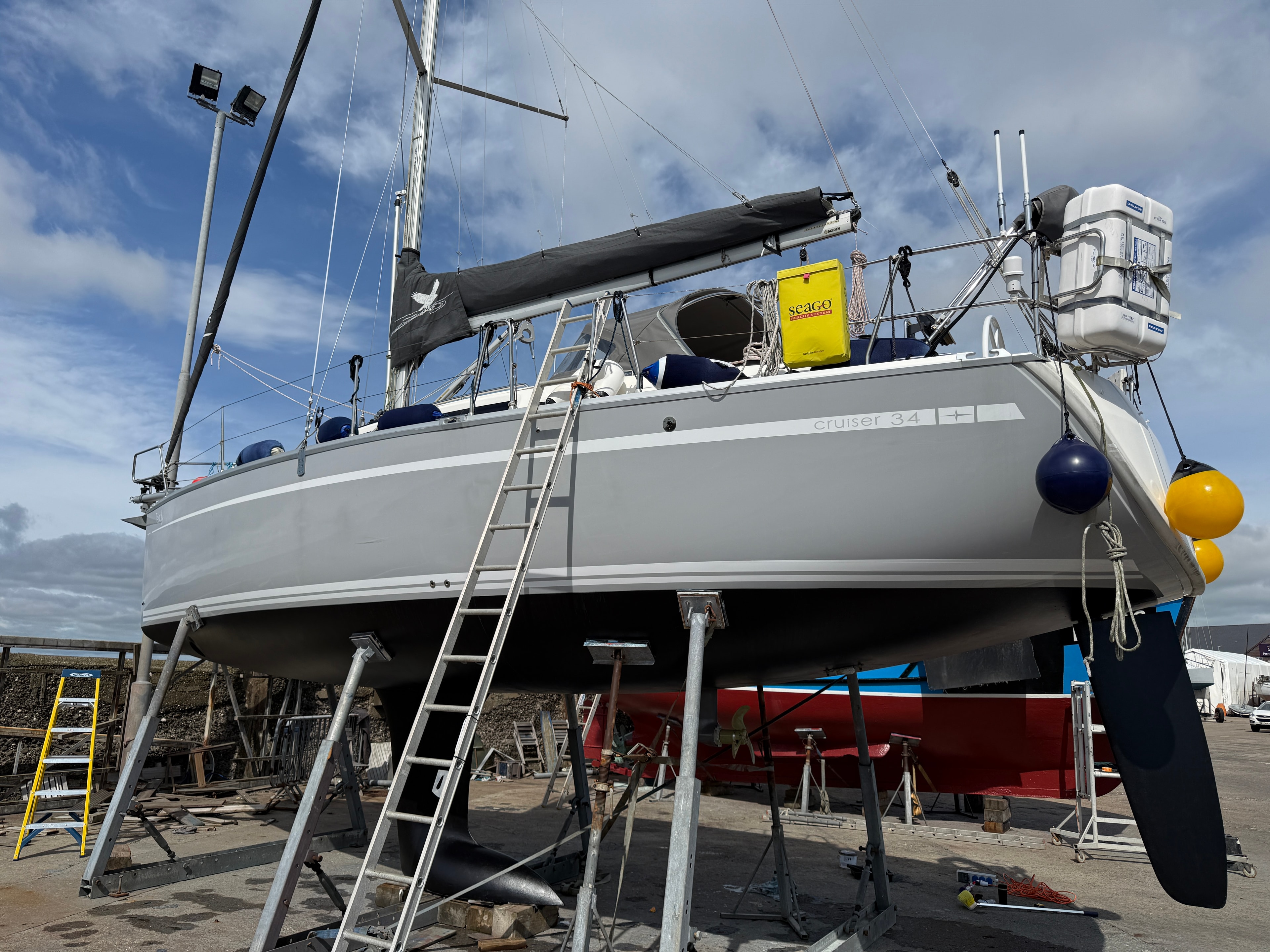 Teddy on the hard — freshly antifouled, July 2026